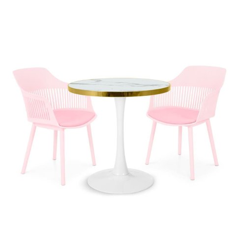 Conjunto Mesa de Jantar Redonda Majestic 70cm Branca com 2 Cadeiras Estofadas Marcela - Rosa