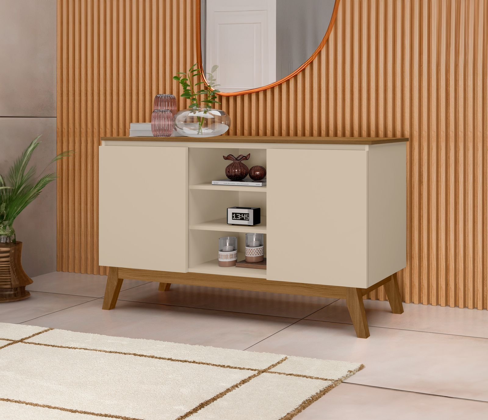 Aparador Buffet Sala Linhares 120cm com Pés de Madeira Offwhite com Nature - Rede Móveis