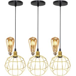 3 Pendentes Aramado Globo Luminária Lustre Retrô Balcão Dourado + 3 Lâmpada Led ST64 Vintage - 1