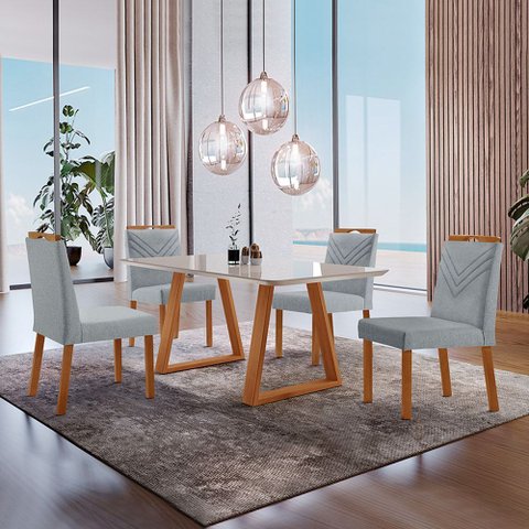 Conjunto Sala de Jantar Mesa Viena 140x80cm Tampo Retângular  Vidro e 4 Cadeiras Maia Madeira Maciça