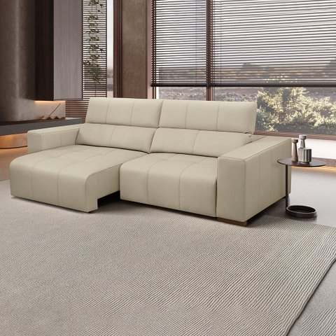 Sofá Decorativo Barbosa 3 Lugares Sala de Estar 250cm Reclinável e Retrátil Couro Bege G88 - Gran Be