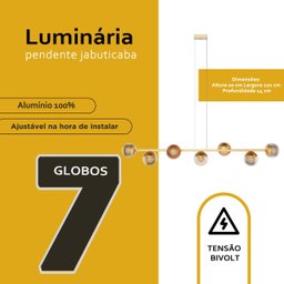 Pendente Lustre de Teto Jabuticaba Pendente Dourado com 7 Globos Vidro Âmbar e Lâmpada Branco Quente - 3