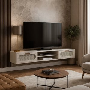 Rack Suspenso Santorini 180cm para Painel Ripado ou Parede 2 Gavetas Elegantes Espaçosas Off White