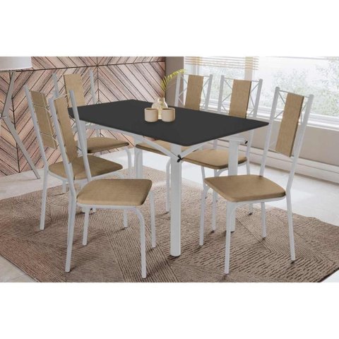 Conjunto: Mesa Sala Jantar Elba Tampo Madeirado C/ Vidro 160cm e 6 Cadeiras Lisboa Cromada/preto -