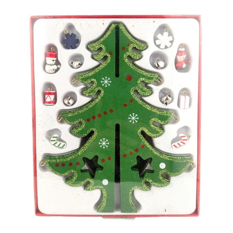 Árvore Enfeite de Natal Madeira 3d e Pingentes 18x14cm Pequena Wincy