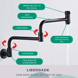 Torneira Cozinha Gourmet Banheiro Parede Articulavel Extensa Dobravel Estilo Curva Preto Modelo Vilh - 5