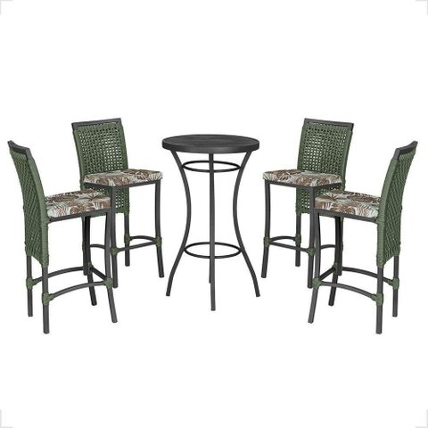 Mesa Bistrô e 4 Banquetas Roma Preta Corda Estofado 6 Trama Verde
