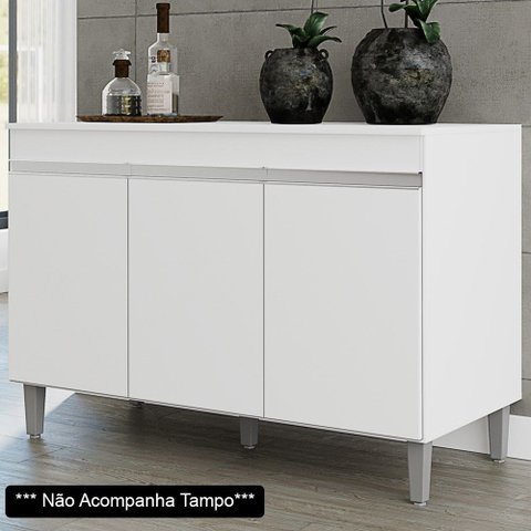 Balcão Gabinete de Pia sem Tampo 120cm 3 Portas Manu Branco - AJL Móveis
