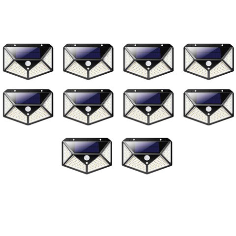 Luminaria Solar Sensor Presença Movimento Kit 10 Uni 100 LED 3 Funçoes Branco Quente Parede Lampada 