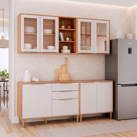 Cozinha Modulada 4 Peças Brilhante com 2 Balcões e 2 Armários Aéreos Bege/Cinamomo/Off White