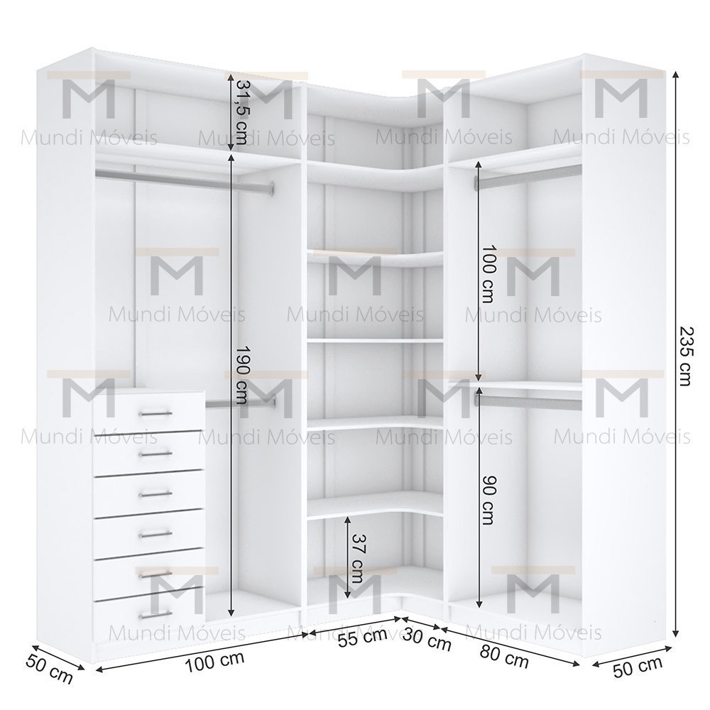 KIT CLOSET EM L CABIDEIRO GAVETEIRO PRATELEIRA A 2,35 M403.B MUNDI MOVEIS - 2