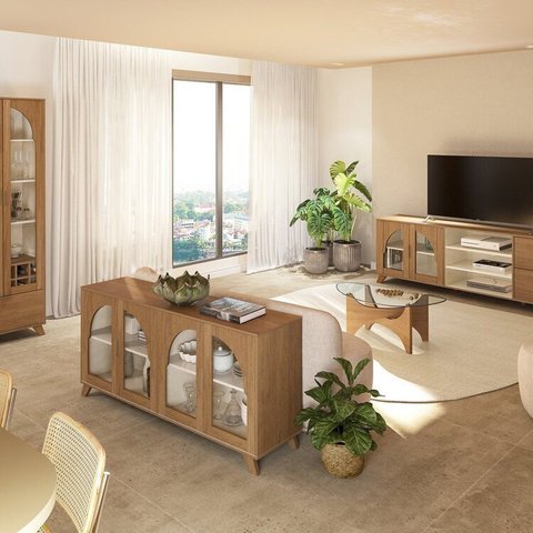 Conjunto 4 Peças Sala de Estar Mesa de Centro Levitá e Buffet e Rack e Cristaleira Murano