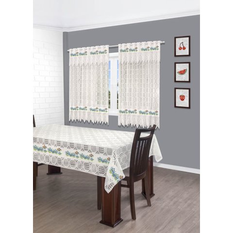 Kit Cozinha Renda Cortina e Toalha Mesa 4 Lugares - Bule Azul