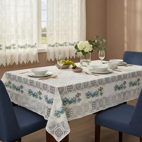 Kit Cozinha Renda Cortina e Toalha Mesa 4 Lugares - Bule Azul