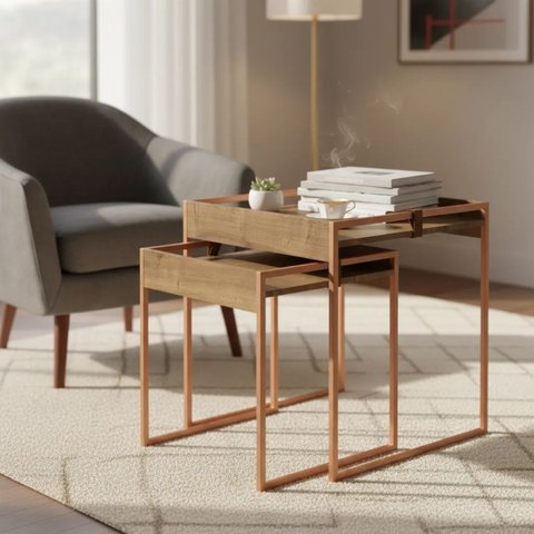 Conjunto Mesas Laterais Columbia Dourada e Couro | Design Moderno Luxuoso Salas
