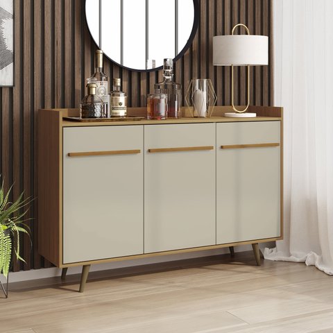 Aparador Buffet Retrô Quartzo e Prateleira Ajustável 3 Portas 135cm Pés em Madeira Maciça Cinamomo/Off-White