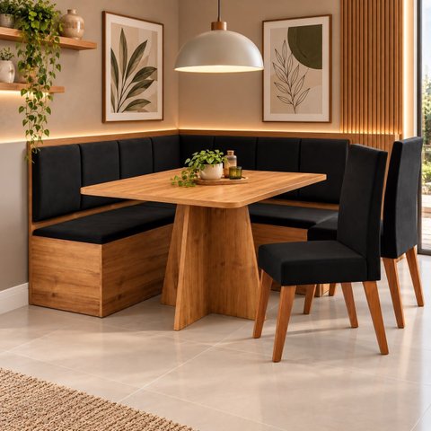 Conjunto Canto Alemão com Baú Mesa 120x77,5cm Tampo sem Vidro com 2 Cadeiras Milão Preto/Mel