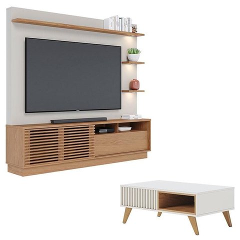 Estante Home Theater Campeche Freijó Off White Matte com Mesa de Centro Jeri Off White Freijó - Coli