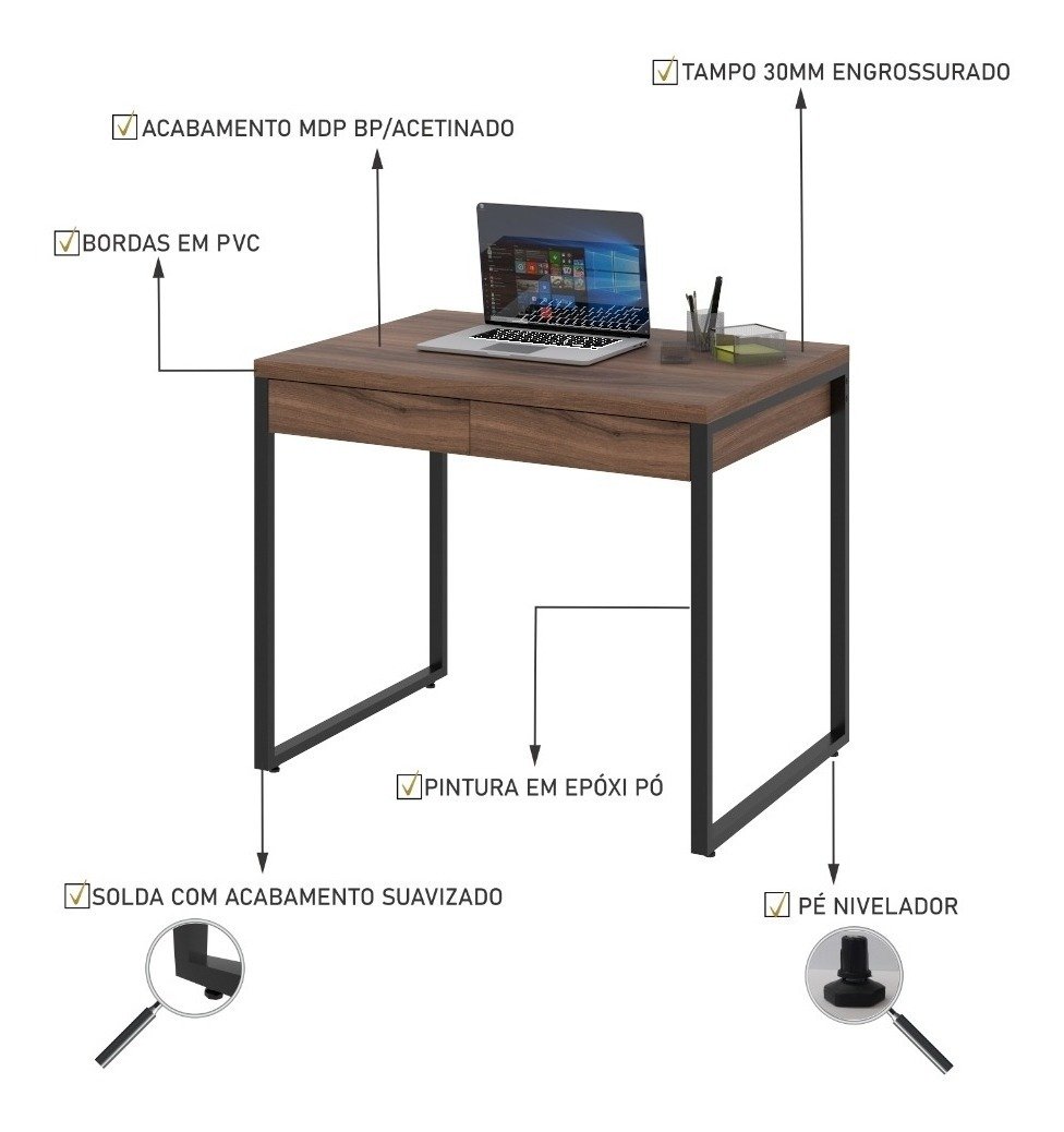Mesa Escritório Office Estilo Industrial 0,90 M C/ 2 Gavetas - 4