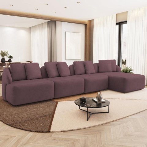 Sofá 5 Lugares com Chaise Direito Sala Living 328cm Arlo F04 Veludo Lilás - Lyam Decor