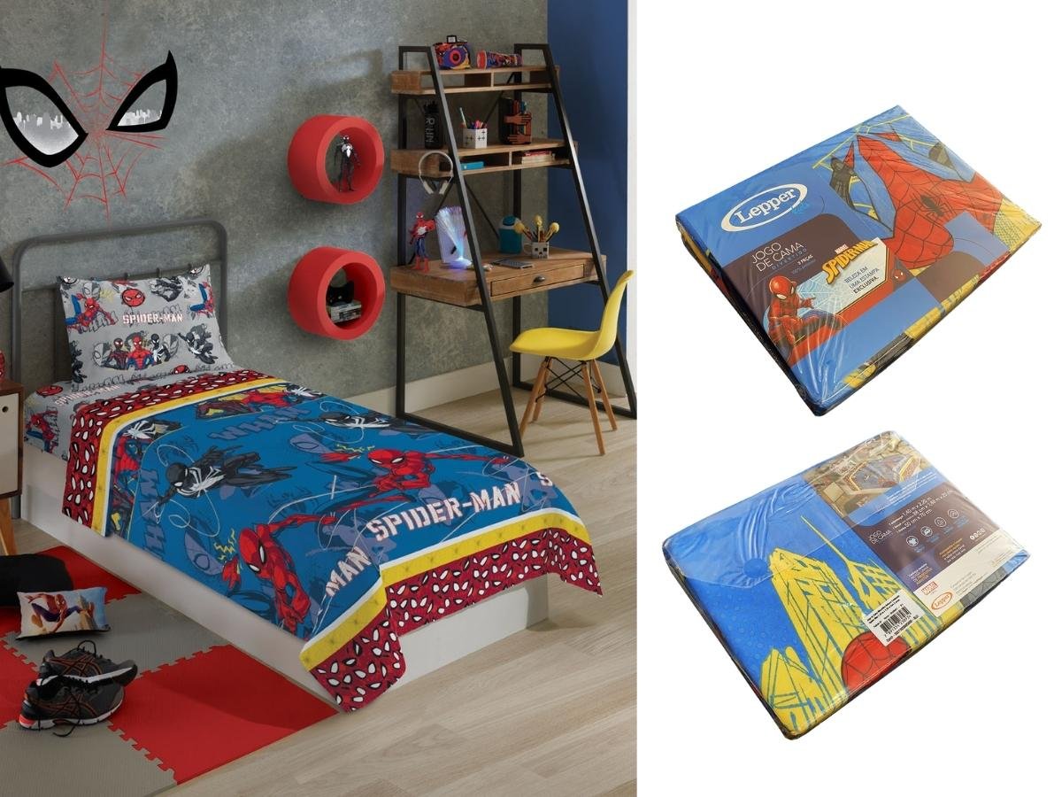 Jogo de Cama Infantil Lepper Homem Aranha Solteiro 3 Peças Microfibra Azul