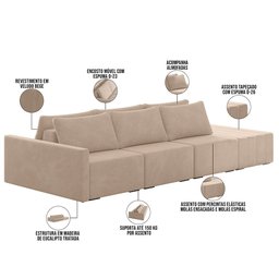 Sofá Ilha Modular para Sala 342cm com Puff Dublin K01 Veludo Bege - Lyam Decor - 4 Sofá Ilha Modular para Sala 342cm com Puff Dublin K01 Veludo Bege - Lyam Decor - 4