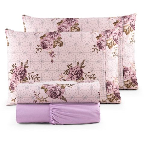 Jogo de Lençol King 4 Peças 180 Fios Algodão Estampado:floral-lilas