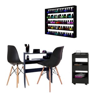 Conjunto 2 Cadeira Eames Preta + Mesa Manicure + Porta Esmaltes Prateleira + Carrinho Auxiliar AJL S