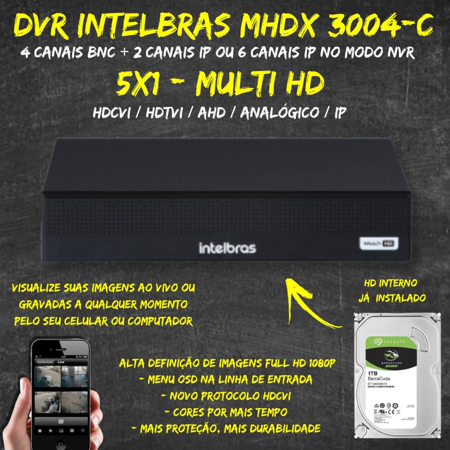 Dvr 04 Canais 5mp Inteligência Vídeo Mhdx 3004 C Intelbras 1tb - 2