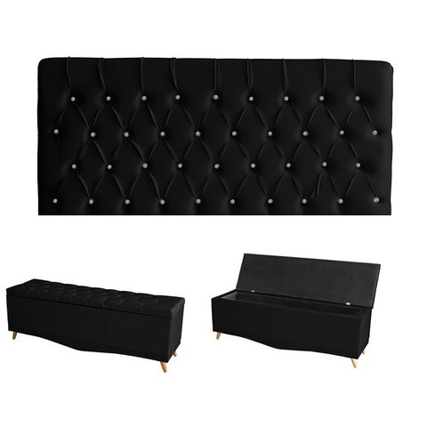 Kit Estrela Cabeceira de Cama Painel e Calçadeira Baú Botão Cristal King 195 Cm Suede Preto Eli Móve