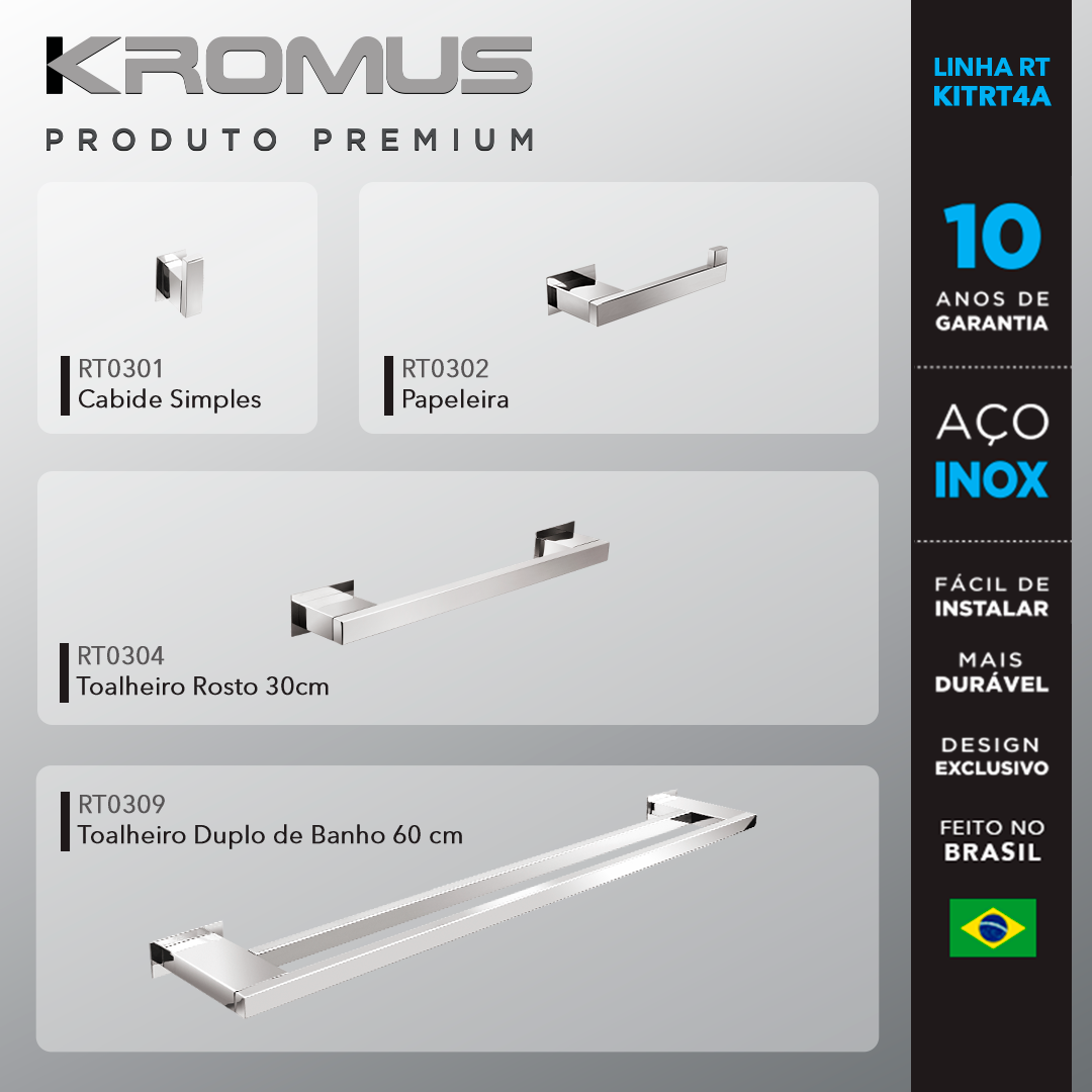 Kit Acessórios Para Banheiros 4 Peças Inox - Kromus Kitrt4a - 2