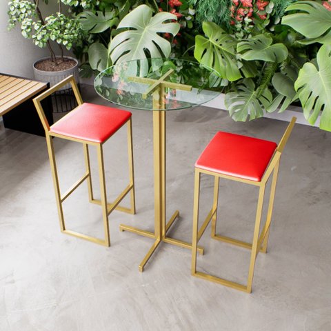 Jogo Mesa Alta Bistrô Redonda Vidro 2 Banquetas Estofado Confort Industrial Dourado Don Castro Decor