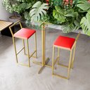 Ver imagem 1 de Jogo Mesa Alta Bistrô Redonda Vidro 2 Banquetas Estofado Confort Industrial Dourado Don Castro Decor