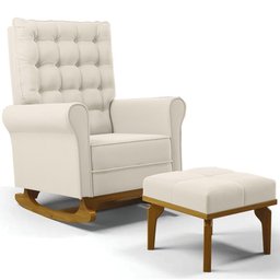 Poltrona de Amamentação Balanço e Puff Base de Madeira Brenda G05 Veludo Creme - Mpozenato - 1