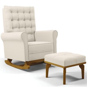 Poltrona de Amamentação Balanço e Puff Base de Madeira Brenda G05 Veludo Creme - Mpozenato