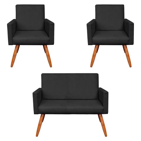 Kit 2 Poltronas e Namoradeira Nina Veludo Pés Palito Castanho - Pallazio - Preto