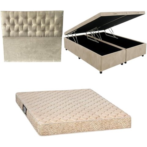 Cama Box Baú Casal Bipartida com Colchão Toulon D33 20cm e Cabeceira Suede Bege