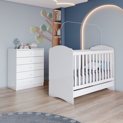 Quarto de Bebê Completo com Berço Mini Cama e Cômoda Faz de Conta Espresso Móveis Branco