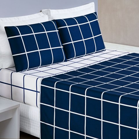 Jogo de Lençol Cama Solteiro 3 Peças 200 Fios Micropercal Austin:Azul Marinho