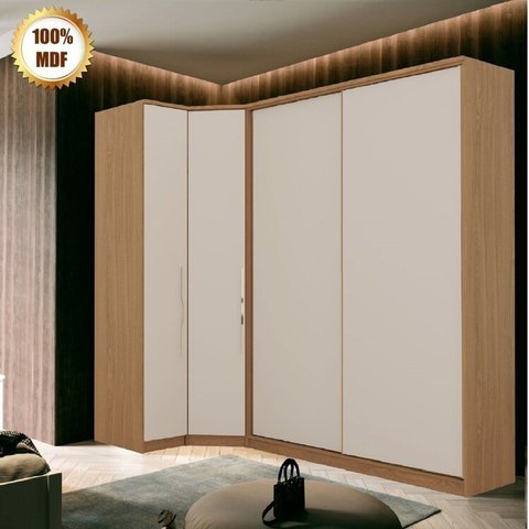 Guarda Roupa Modulado de Canto 4 Portas 3 Peças Decor Marrom/Freijó/Off White