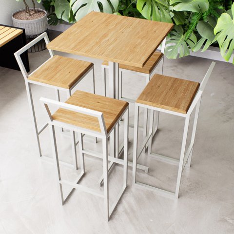 Conjunto Mesa Alta Bar Bistrô Quadrada 4 Banquetas Confort Pinus Industrial White Don Castro Decor I