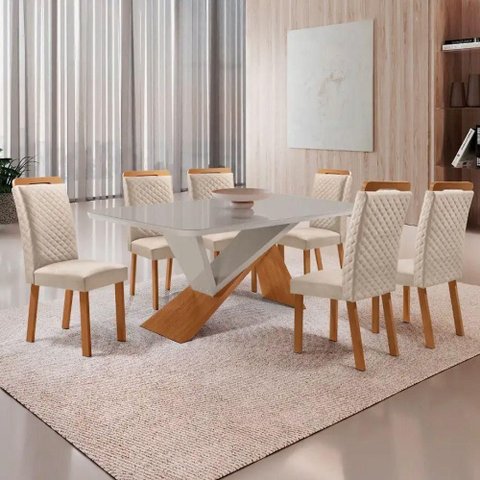 Mesa Yasmin 6 Lugares Vidro com Cadeiras Lorena Veludo Off White 180cm Moderna