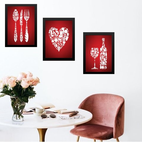Kit 3 Quadros para Cozinha Vermelha 45x34cm - com Vidro:madeira Branca