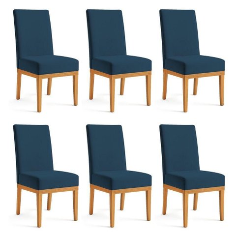 Kit 6 Cadeiras de Jantar Brisa Suede Azul Marinho Base de Madeira - Pallazio