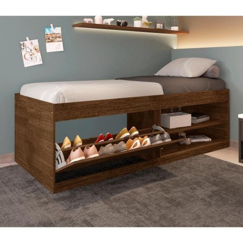 Cama Box Solteiro com Sapateira Tien Malbec MDP Marrom Framar