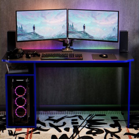 Mesa Escrivaninha Setup 115cm com Nichos e Espaço para Cpu Gamer Athenas Preto/com Azul