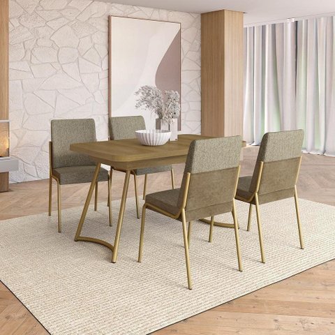 Conjunto Sala de Jantar Melbourne 4 Lugares Tampo MDP Estrutura Aço Dourado 130cm Móveis Carraro