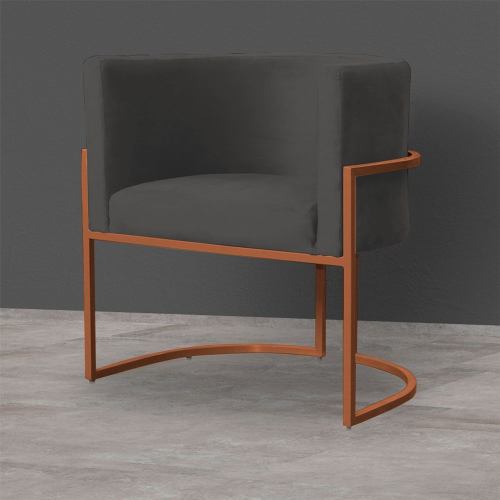 Kit 2 Poltronas Decorativa Luana Base Bronze Veludo Cinza- Montanaris Decor Md Montanaris Decor - 2