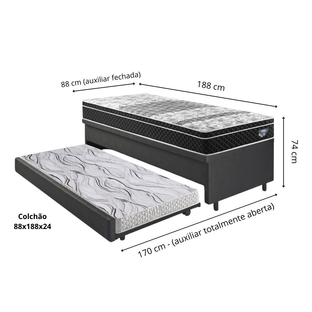 Bicama Box Baú Courino Linho Preto 88x188 com Colchão Gransleep Molas Verticoil Ecoflex - 3