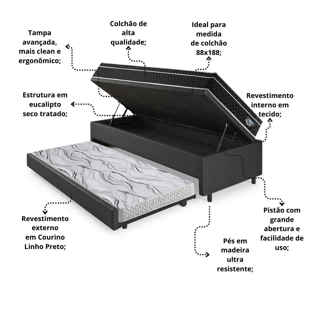 Bicama Box Baú Courino Linho Preto 88x188 com Colchão Gransleep Molas Verticoil Ecoflex - 6